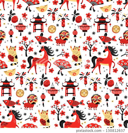 Chinese New Year Red Fire Horse zodiac Seamless Background Pattern Vector illustration Chinese New Year Red Fire Horse zodiac Seamless Background Pattern Vector illustration 130812637