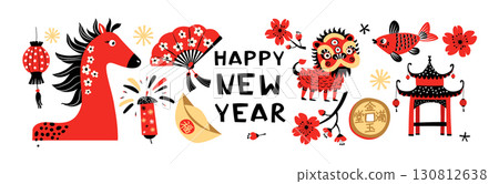 Chinese New Year 2026, Red Horse Zodiac, Lanterns, and Festive Symbols Vector Illustration Chinese New Year 2026, Red Horse Zodiac, Lanterns, and Festive Symbols Vector Illustration 130812638
