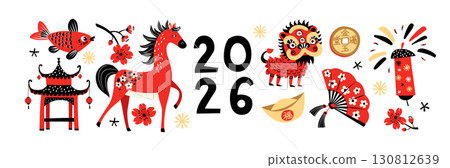 Chinese New Year 2026, Red Horse Zodiac, Lanterns, and Festive Symbols Vector Illustration 130812639