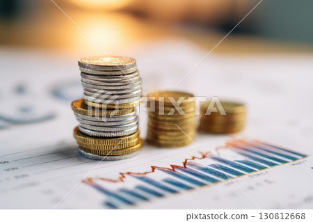 Tax season Taxation. Coins stack, growing graph investment. Finance save. Success, growth wealth. Business in the digital age. Trading chart. Financial research. Calculate tax return. Planning budget. 130812668