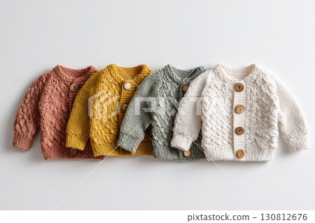 Set of baby cardigan, sweaters, onesies on a light background. Fashion newborn clothes made with organic cotton, wool. Cute knitted kids soft clothing. Infant trendy bodysuit natural warm earthy color 130812676