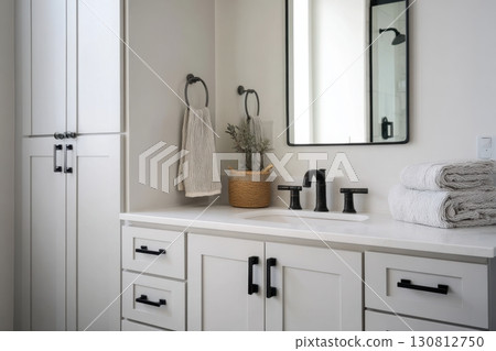 Grey bathroom vanity with white walls, mirror and marble countertop, black hardware. Clean aesthetic background. Home interior room design. Gray cabinet in a bathroom Grey bathroom vanity with white walls, mirror and marble countertop, black hardware. Clean aesthetic background. Home interior room design. Gray cabinet in a bathroom 130812750
