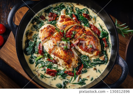 Overhead view of creamy chicken with cream, spinach, sun dried tomatoes in a black iron pan on a wooden tabletop. Tuscan Chicken in a Parmesan Cheese Sauce. Close-up of Delicious Dinner Cooked at Home 130812896