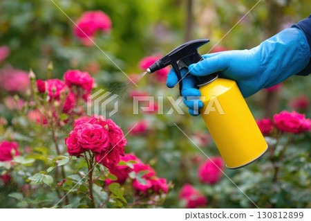 Person using yellow plastic bottle sprayer to flowers in the garden for caring and pest control. Pink roses, green leaves background. Gardening activities for floral care. Landscape maintenance 130812899