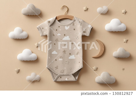 Baby white onesie on a creamy beige background. Fashion newborn clothes. Flat lay, top view. Kids soft clothing, soft moon, stars, clouds. Infant trendy bodysuit made of organic eco friendly cotton. Baby white onesie on a creamy beige background. Fashion newborn clothes. Flat lay, top view. Kids soft clothing, soft moon, stars, clouds. Infant trendy bodysuit made of organic eco friendly cotton. 130812927