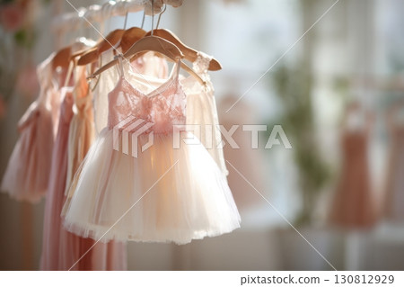Beautiful dressy lush pink and white dresses for girls on hangers. Kids dresses with feathers for prom and holiday. Luxury evening fashion. Clothing store. Dress rental for various occasions, events. 130812929