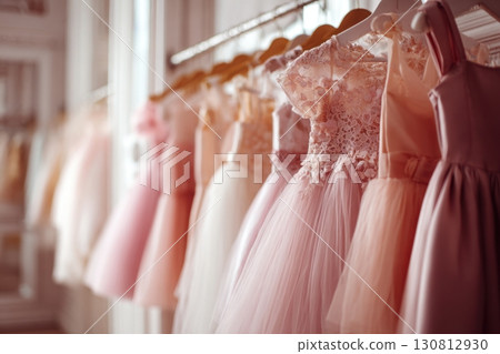 Beautiful dressy lush pink and white dresses for girls on hangers. Kids dresses with feathers for prom and holiday. Luxury evening fashion. Clothing store. Dress rental for various occasions, events. 130812930