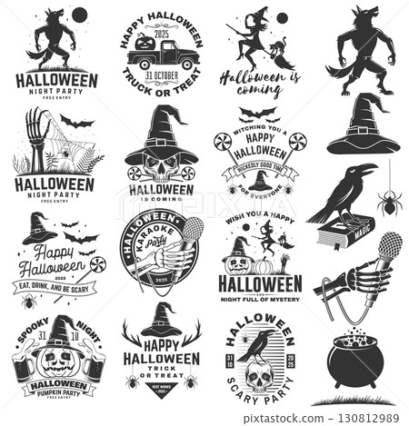 Halloween vector set with spooky elements including pumpkins, skulls in wizard hats, werewolf, flying witch on a broomstick, beer mug, and pumpkin pickup truck silhouette. Perfect for Halloween t 130812989