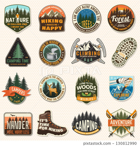 Set of logo, badge design with inspirational adventure quotes. Concept for shirt or logo, print, stamp or tee with hiking boots, pin forest, mountain, deer. Vector illustration. 130812990