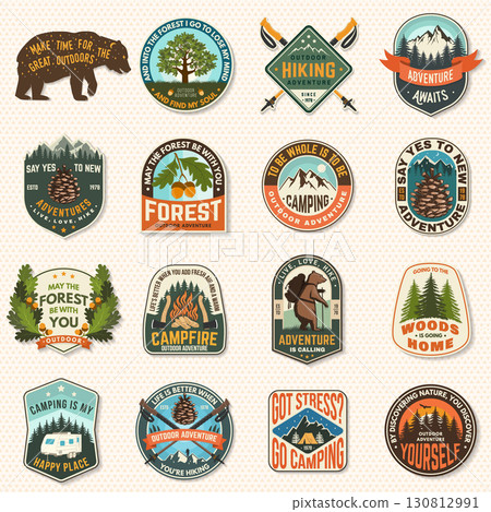 Set of logo, badge design with inspirational adventure quotes. Concept for shirt or logo, print, stamp or tee with oak leaf and acorns, pin forest, mountain, deer. Vector illustration. 130812991