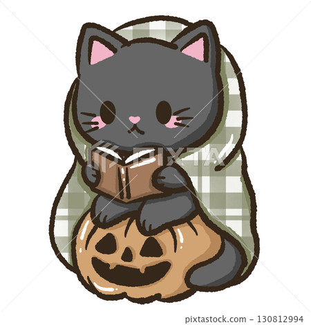 Kawaii black cat illustration wrapped with cozy blanket reading sitting on pumpkin for kids storybooks educational materials school projects home decor crafts scrapbooking and creative stationery Kawaii black cat illustration wrapped with cozy blanket reading sitting on pumpkin for kids storybooks educational materials school projects home decor crafts scrapbooking and creative stationery 130812994