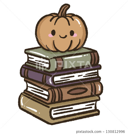 Kawaii illustration of a jack o lantern pumpkin on top of pile of books for kids storybooks educational materials school projects home decor crafts scrapbooking and creative stationery design 130812996
