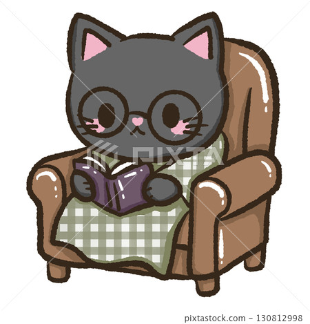 Kawaii black cat illustration sitting on a couch with blanket reading for kids storybooks educational materials school projects home decor crafts scrapbooking and creative stationery design 130812998
