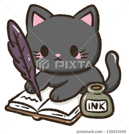 Kawaii black cat illustration writing with feather and ink for kids storybooks educational materials school projects home decor crafts scrapbooking and creative stationery design 130813000