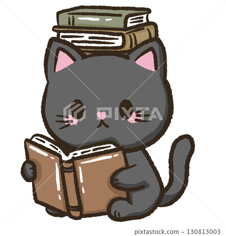 Kawaii black cat illustration reading a book with many books for kids storybooks educational materials school projects home decor crafts scrapbooking and creative stationery design 130813003