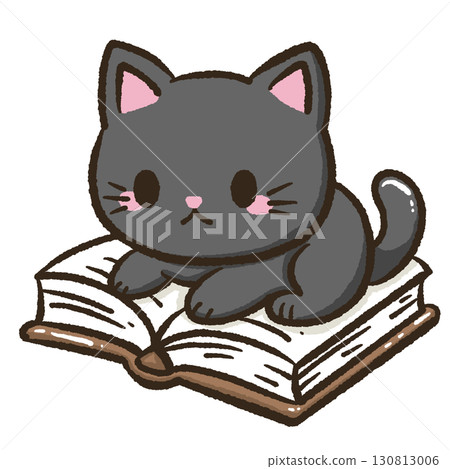 Cute kawaii black cat sitting laying on an opened book cozy reading companion playful feline illustration for children educational decor book lover art pet friendly drawing Cute kawaii black cat sitting laying on an opened book cozy reading companion playful feline illustration for children educational decor book lover art pet friendly drawing 130813006