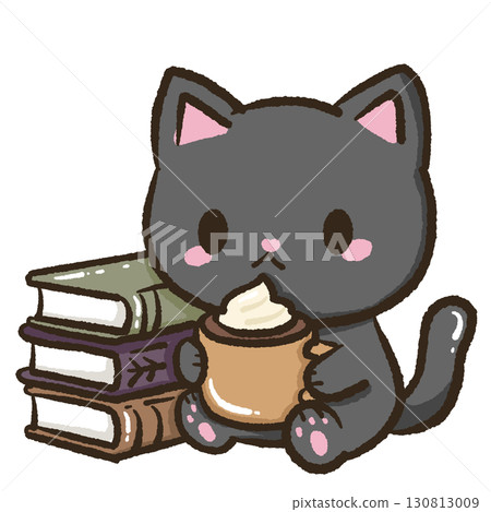 Kawaii black cat illustration drinking a hot chocolate next to a pile of books for kids storybooks educational materials school projects home decor crafts scrapbooking and creative stationery design Kawaii black cat illustration drinking a hot chocolate next to a pile of books for kids storybooks educational materials school projects home decor crafts scrapbooking and creative stationery design 130813009