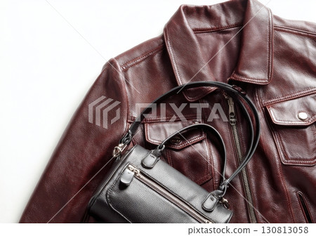 Maroon leather jacket with zippers and pockets and black leather stylish bag. Modern outerwear. Close-up. Fashion background. Autumn urban street clothes. Fashionable concept. Women's casual outfit 130813058