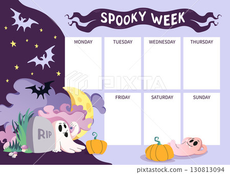 Colorful Halloween weekly planner with playful ghosts and bats. Perfect for event planning, to-do lists, and seasonal stationery. Spooky Week background. Flat vector illustration. Colorful Halloween weekly planner with playful ghosts and bats. Perfect for event planning, to-do lists, and seasonal stationery. Spooky Week background. Flat vector illustration. 130813094