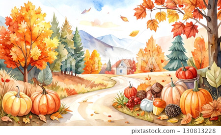 秋季鄉村風景、南瓜和小屋的水彩畫 130813228