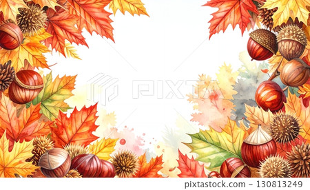 Watercolor frame of chestnuts and fallen autumn leaves Watercolor frame of chestnuts and fallen autumn leaves 130813249