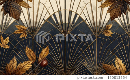 Golden Art Deco autumn leaves and chestnuts 130813364