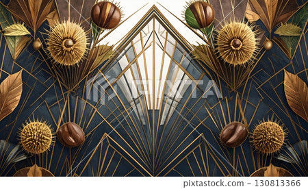 Art Deco style golden leaf symmetrical pattern 130813366