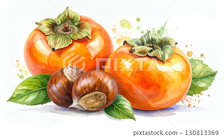 柿子和栗子的水彩靜物 130813369