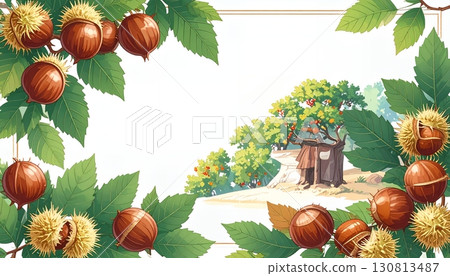 扁平色的栗子框架和柿子樹 扁平色的栗子框架和柿子樹 130813487