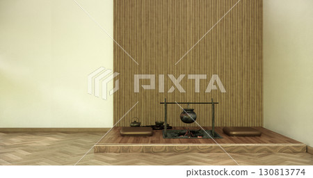 house room decorated in a Western style, a Japanese room with a fire pit in the middle of the room. 3D rendering 130813774