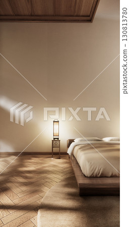 Bedroom japanese minimal style.,Modern white wall and wooden floor, room minimalist. 3D rendering 130813780