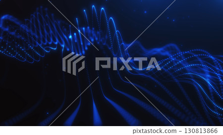 Abstract glowing digital blue wave of particles flowing on dark background. Futuristic energy motion design, technology visualization, smooth fluid shape. Abstract glowing digital blue wave of particles flowing on dark background. Futuristic energy motion design, technology visualization, smooth fluid shape. 130813866