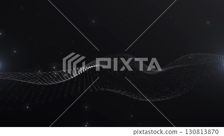 Abstract monochrome wave made of small glowing dots on dark background. Digital futuristic motion design, halftone particles flow visualization. 130813870