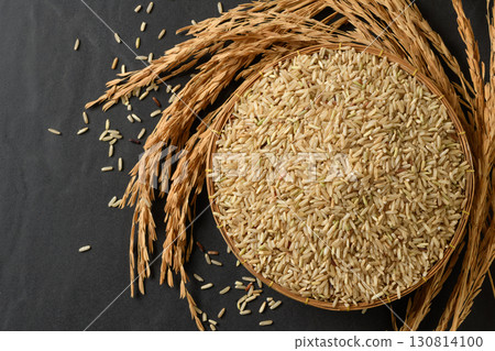 Brown Rice in Woven Basket with Rice Stalks on Dark Background 130814100