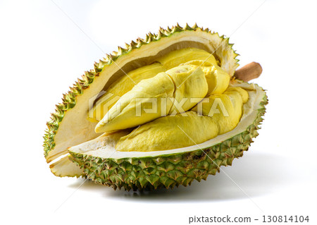 Ripe Durian Fruit or Monthong with Yellow Flesh Isolated on White Background.King of Fruits Ripe Durian Fruit or Monthong with Yellow Flesh Isolated on White Background.King of Fruits 130814104