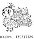 Doodle Vector Illustration of Peacock in Cartoon Style 130814129