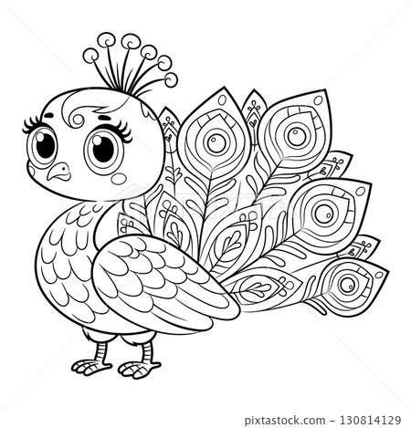 Doodle Vector Illustration of Peacock in Cartoon Style 130814129