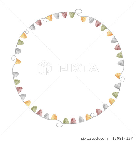 Wreath frame from colored garland of flags orange, green, purple. Watercolor illustrations in children's Halloween style, isolated from background for design templates, invitations, cards, packaging Wreath frame from colored garland of flags orange, green, purple. Watercolor illustrations in children's Halloween style, isolated from background for design templates, invitations, cards, packaging 130814137