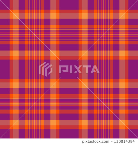 Vibrant plaid pattern featuring a seamless design with interweaving purple and orange hues. A classic textile ideal for backgrounds, fashion, or graphic projects. 130814394