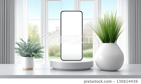 Blank screen smartphone mockup on podium with green plants by bright window 130814439
