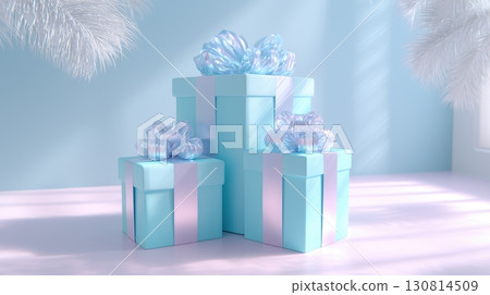 Elegant Pastel Blue Gift Boxes with Shimmering Iridescent Bows 130814509