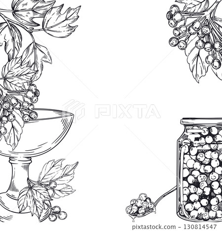 A square frame of berries and viburnum leaves, a jar of jam with viburnum, a spoon with jam and a bowl for jam. All objects are hand-drawn with ink. For printing on food,. Vector illustration 130814547