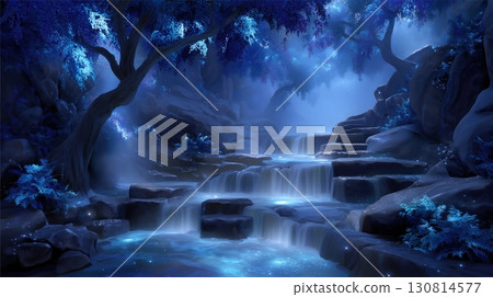 Enchanted Blue Forest with Cascading Luminescent Waterfalls 130814577