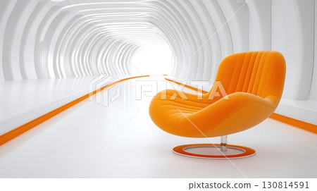Modern Orange Armchair in Futuristic White Tunnel 130814591
