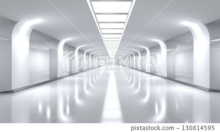 Modern white futuristic corridor with bright illumination and reflective floor 130814595