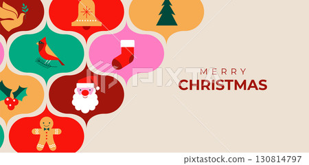 Colorful Christmas tree baubles with geometric icons. Banner background in modern minimalist style. 130814797