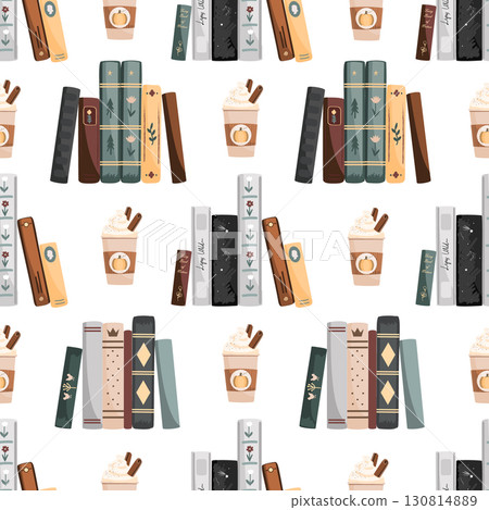 Pumpkin spice latte and book stacks seamless pattern. Vector background illustration. 130814889