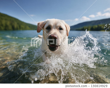 Golden retriever joyfully splashing in crystal clear water. A sunny day of pure canine happiness and summer fun. Perfect for petrelated themes. 130814929