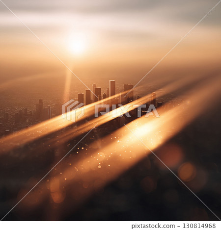 Urban skyline bathed in golden sunlight. Dramatic light rays and bokeh create a dreamy, optimistic mood. Ideal for themes of success, aspiration, and innovation. Urban skyline bathed in golden sunlight. Dramatic light rays and bokeh create a dreamy, optimistic mood. Ideal for themes of success, aspiration, and innovation. 130814968