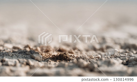 Closeup of arid, cracked earth. Evokes drought, desolation, or a fresh start. Neutral tones, abstract texture. Use for environmental themes, nature, or textures. 130814996